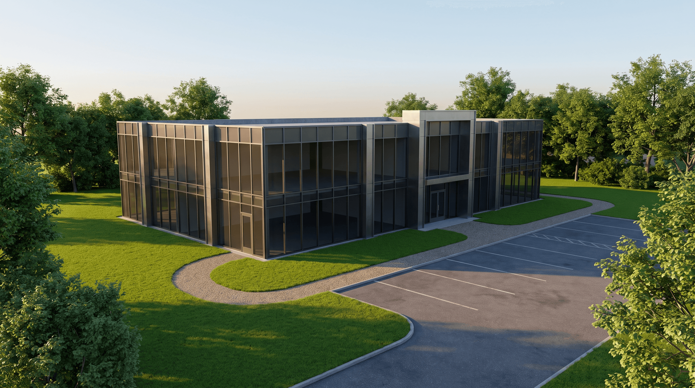An IntrAform building gaining its energy systems one by one: geothermal comfort inside, a solar roof, battery storage and EV chargers in the car park.